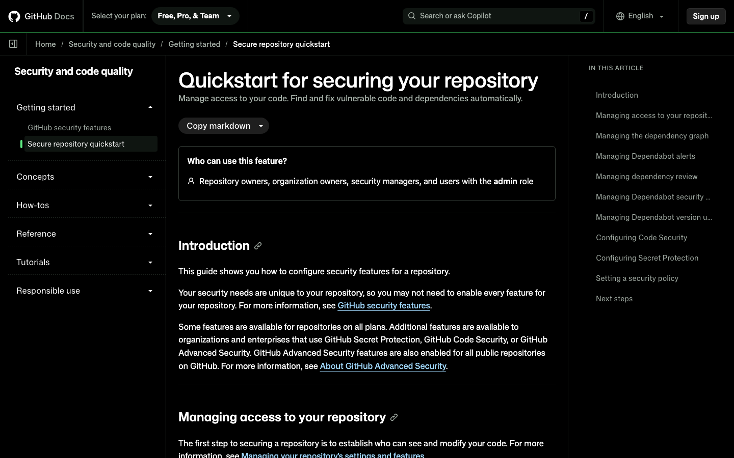دليل GitHub الرسمي لتأمين المستودع وفحص الكود والأسرار والتبعيات