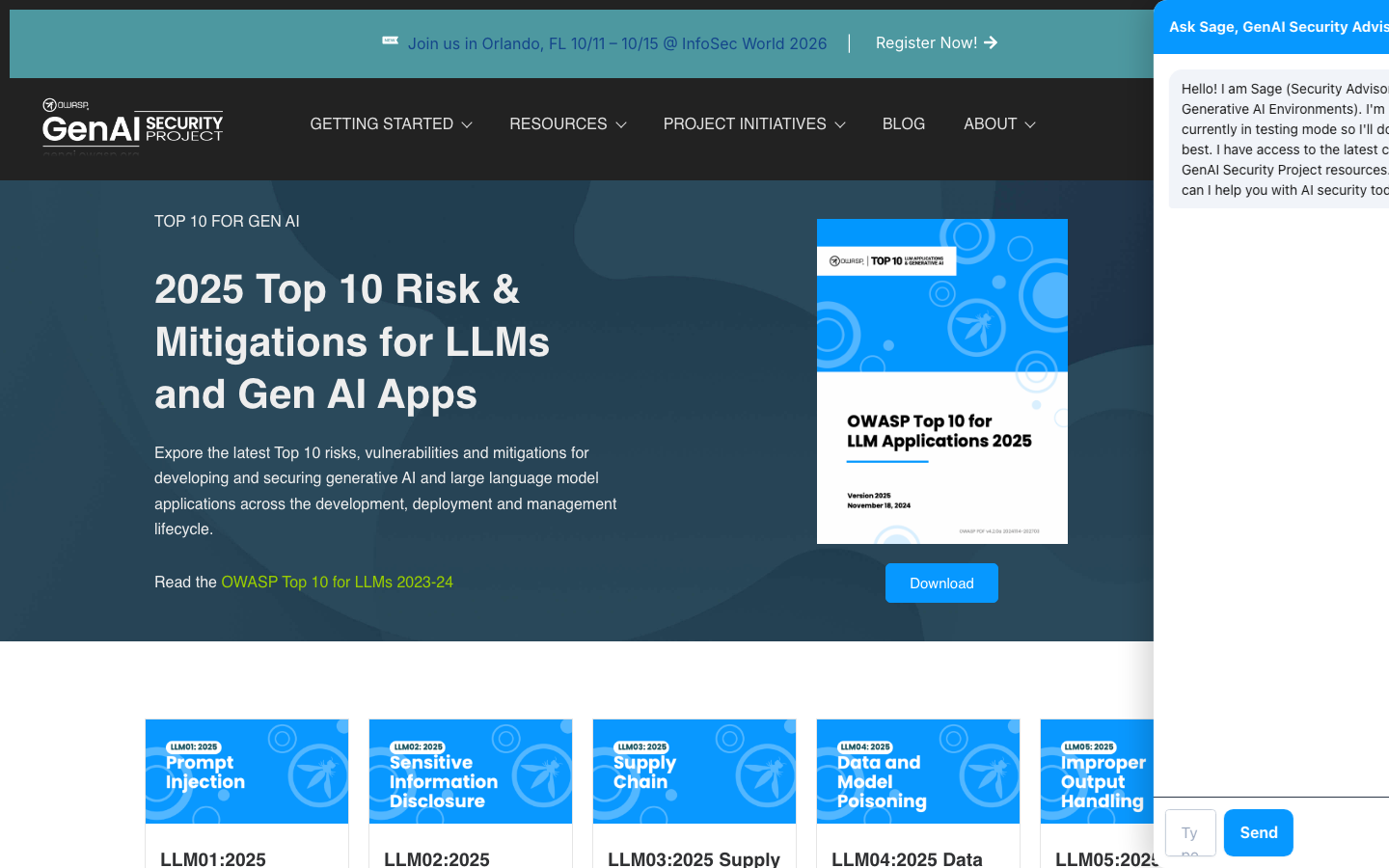 صفحة OWASP الرسمية لأهم عشرة مخاطر لتطبيقات الذكاء الاصطناعي التوليدي