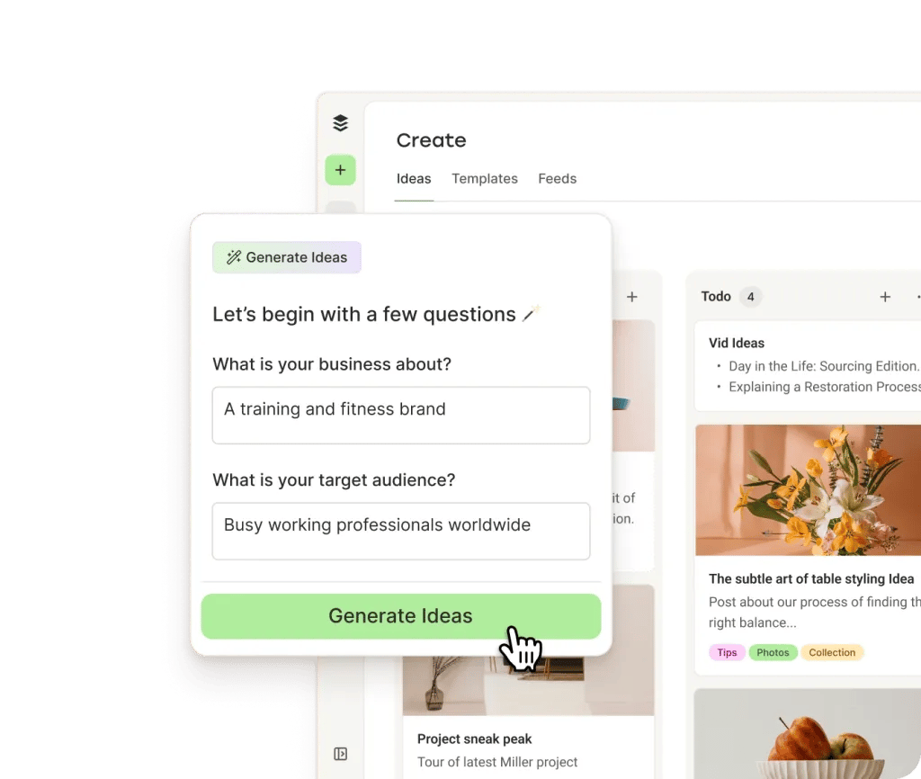 واجهة Buffer AI Assistant الرسمية لتوليد وتكييف أفكار المحتوى