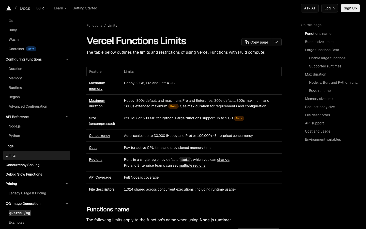 حدود Vercel Functions الرسمية لتطبيقات Node.js